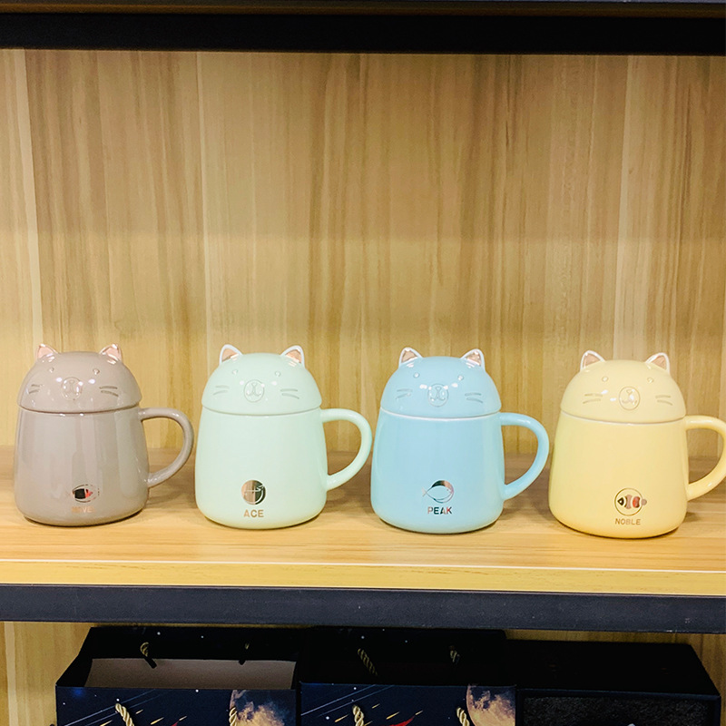 かわいい陶磁器カップ子供漫画マグカップ蓋付き家庭用コップ学生高颜値陶磁器カップins風|undefined