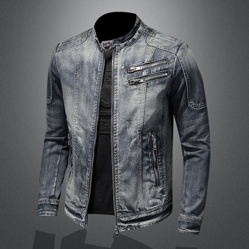 2026 High-End Men's Denim Jacket European and American Casual Retro Large Size Stand-Up Collar Zipper Jacket Cycling Motorcycle Jacket Trendy