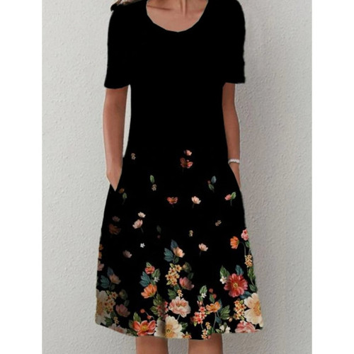Wish Spring and Summer Floral Print Round Neck Pouch Mini Dress for Women