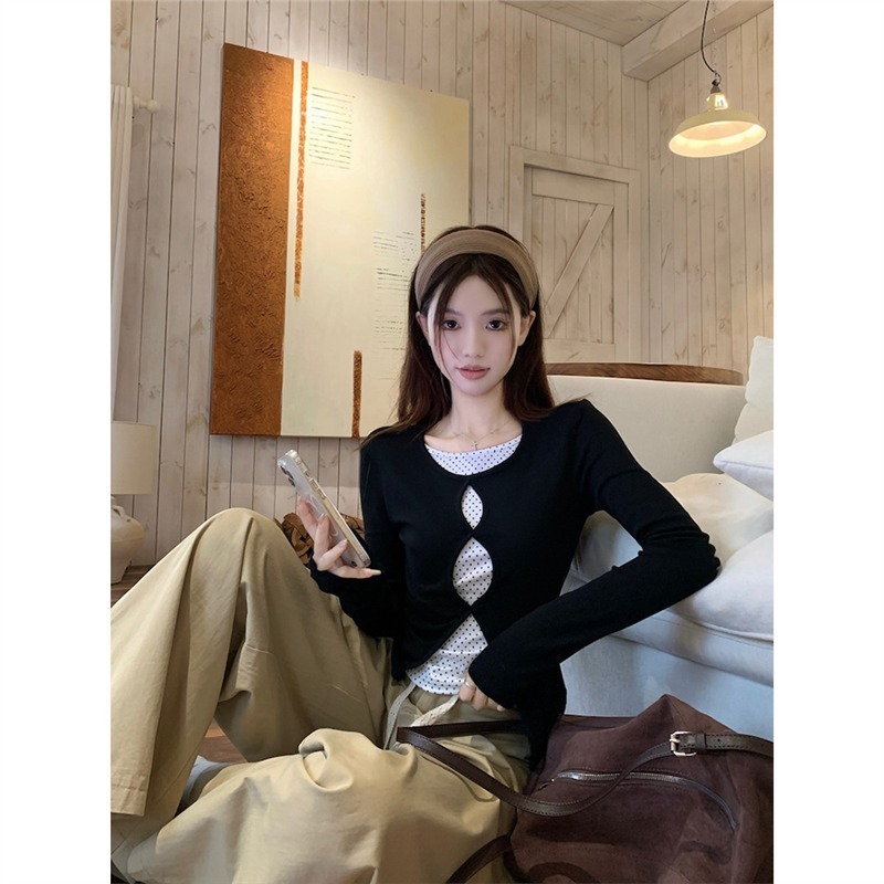 韩系设计感镂空假两件T恤女2025秋季新款修身显瘦波点长袖上衣潮|undefined