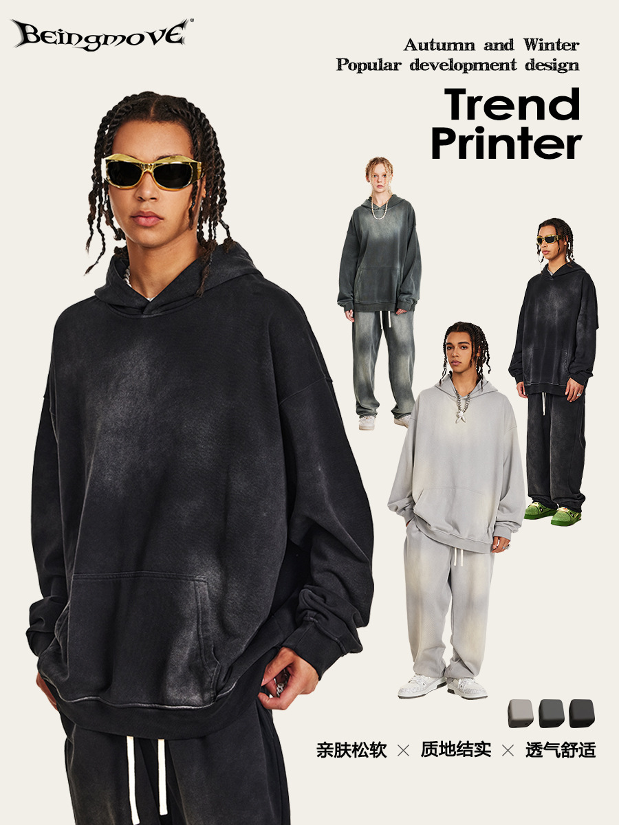 Impresora de marcas| 2025 otoño High Street 370G lavado con agua para hacer viejos trajes sueltos casuales sudaderas encapuchadas