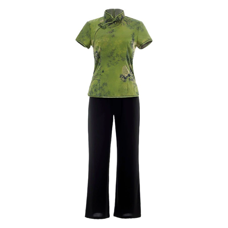 Оптовая продажа: Новинка 2025 года – женский укороченный топ в стиле тан, современное женское платье-ципао из шелкового атласа, наряд для мамы, комплект для выступлений