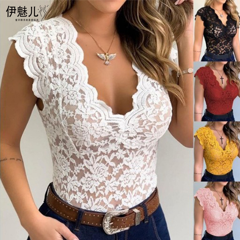 2024 deseo nuevo encaje con cuello en V camiseta sexy ver-a través de la parte superior B3067