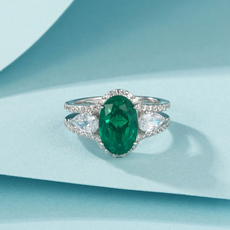 Europa y Estados Unidos, lujo ligero, retro, huevo de paloma, anillo de tesoro verde, mujer S925, incrustaciones de plata, cultivo, anillo de dedo de tesoro de color, moda, todo fósforo