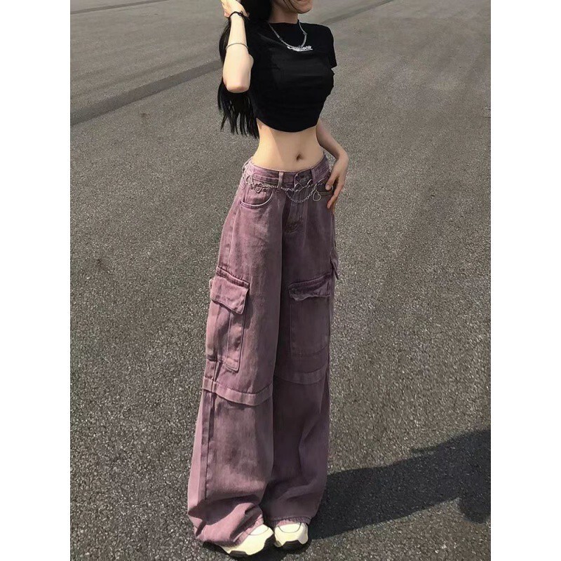 アメリカンハイストリートパープルワークウェアワイドレッグジーンズ女性の夏の新しいハイウエストルーズスリムストレートロングパンツトレンディ|undefined