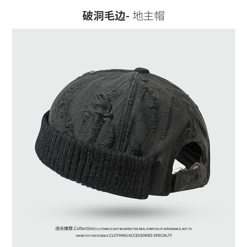 春秋新款废土风软顶破洞磨毛地主帽雅痞瓜皮帽无檐复古街头包头帽|undefined