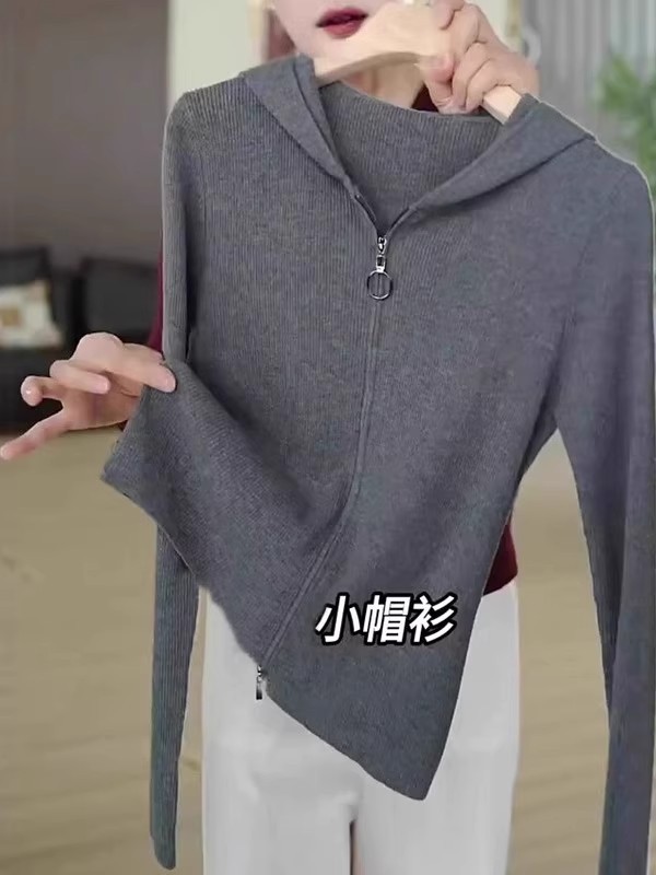 高级洋气双拉链连帽长袖针织衫女秋季大码胖mm显瘦独特超好看上衣|undefined