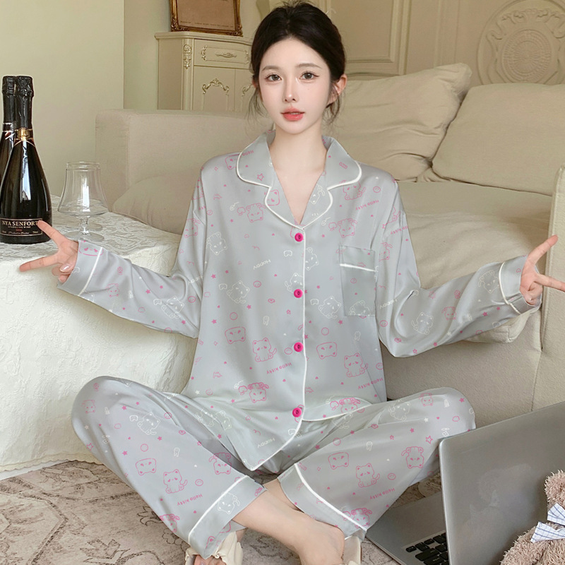 2026 New Style High-Looking, Sweet and Comfortable Pajamas for Women, Cute Cartoon Kitten Print Ice Silk Long-Sleeved Set