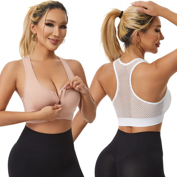 Ringless Hollow Mesh Breathable Sports Bra Shockproof Yoga Running plus size Front Zipper Sports Underwear for Women