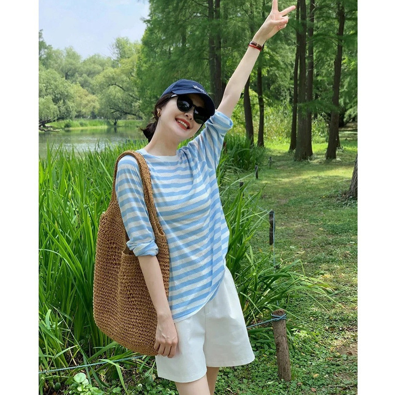 韩系蓝色条纹长袖防晒T恤女夏季小个子宽松外搭薄款空调罩衫上衣|undefined