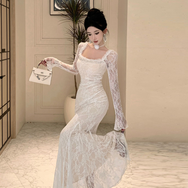 1636 유럽과 미국 국경 대외 무역 여성 의류 도매 섹시한 하이 엔드 센스 스퀘어 칼라 레이스 체인 저녁 원피스 원피스