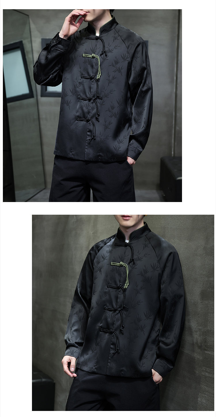 Black Hole Scenery Spring/Summer New Product Chinese Style Bamboo Leaf Silk Jacquard Long sleeved Shirt Button Standing_vogarts.com