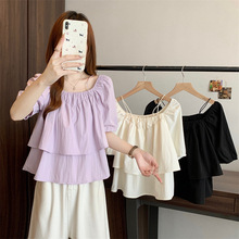 紫色一字肩吊带泡泡袖娃娃衫女夏202新款5别致方领短袖衬衫短上衣