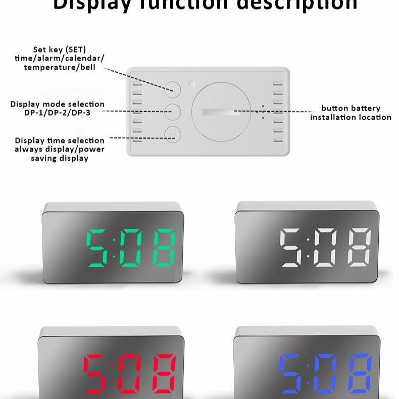 Mini espejo LED reloj de viaje reloj electrónico digital Reloj despertador de coche Multicolor Fuente mudo portátil