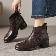 5.5cm~新款复古圆头粗高跟瘦瘦靴女百搭真皮棕色美拉德短筒靴加绒