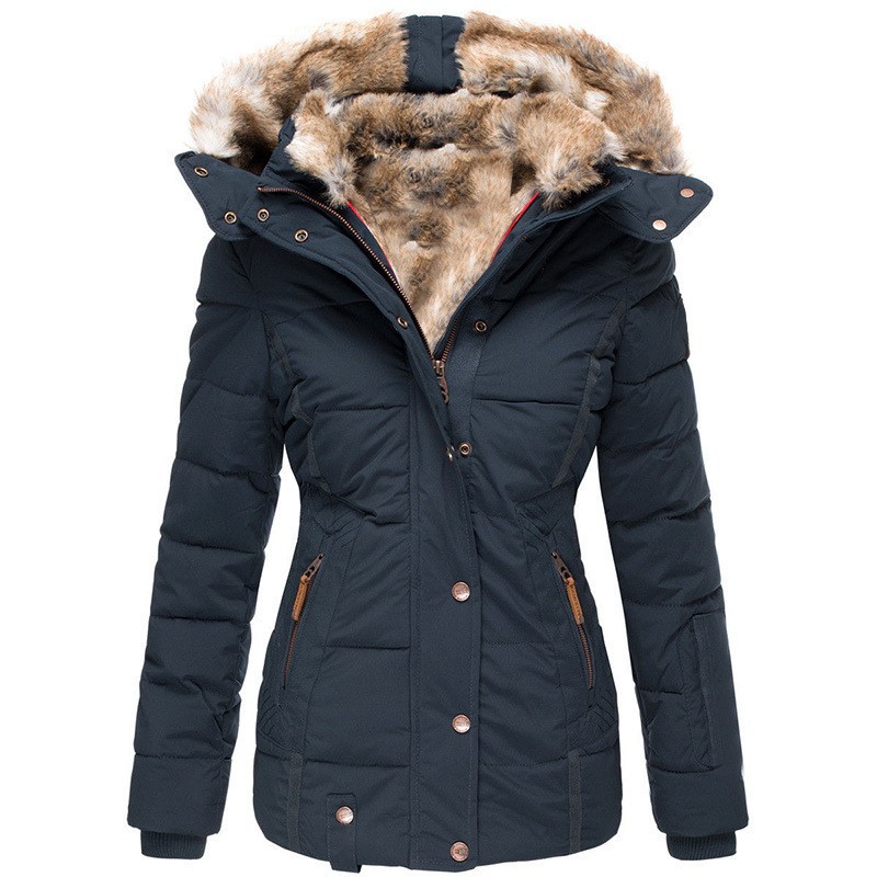 En stock Deseo Amazon invierno cálido Cuello de piel abrigo de algodón-acolchado cremallera de las mujeres de manga larga con capucha delgada abrigo de algodón-acolchado W128