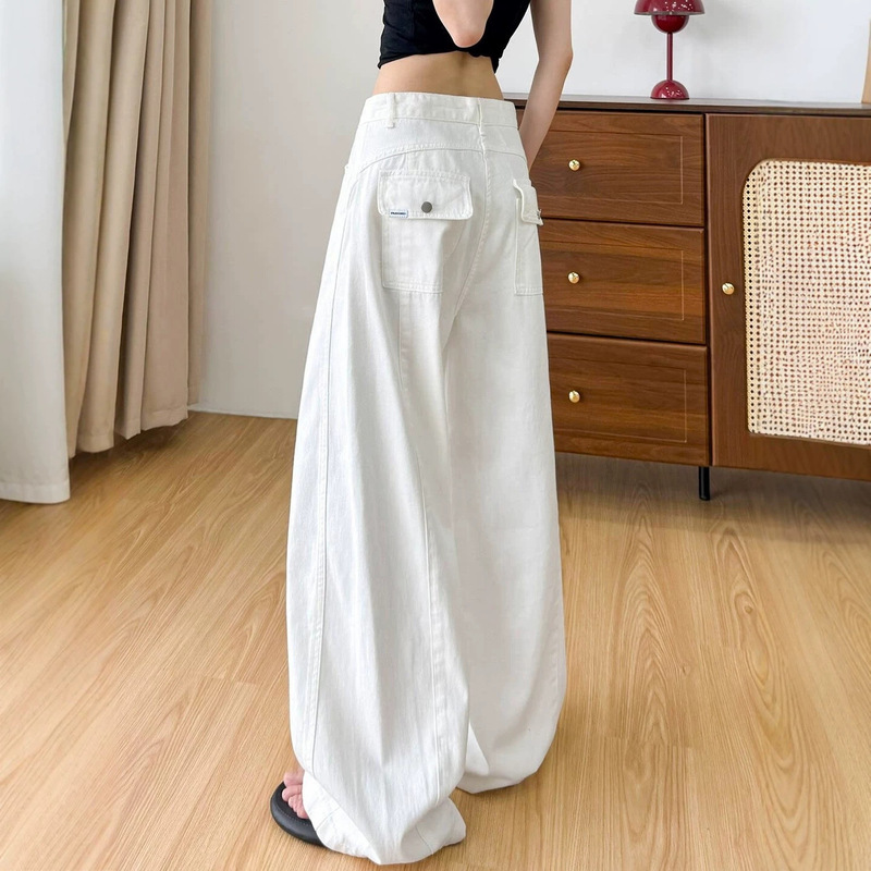 American-style workwear autumn jeans, loose wide-leg women's high-waisted slimming curved white denim wide-leg pants for women