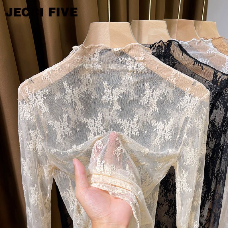 See-Through Half Turtleneck Lace Bottoming Shirt for Women 2024 New Style Thin Mesh Shirt Sweater with Gauze Inside for Women