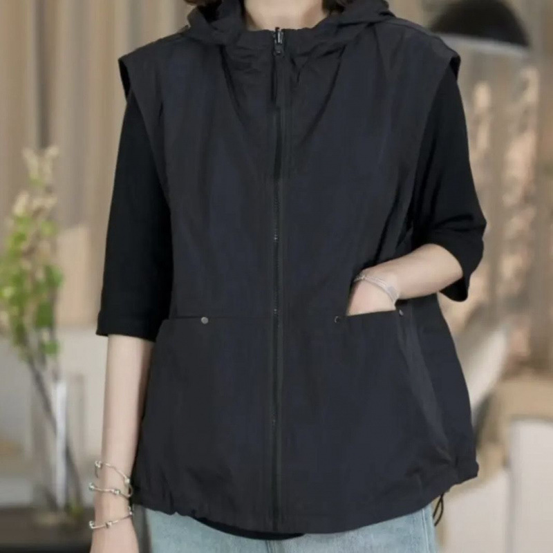 女性用リバーシブルフード付きベストジャケット2025春夏新作ファッショナブルな年齢軽減スタイル痩身多用途ベストベスト|undefined
