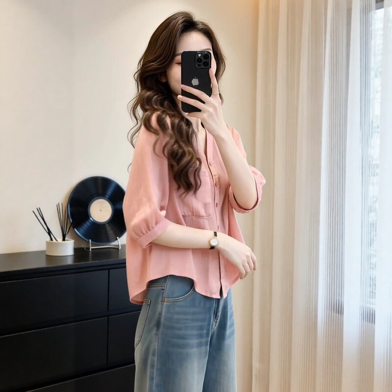 Áo sơ mi nữ cổ V tay lỡ phong cách Pháp, kiểu dáng thanh lịch tôn dáng — màu xanh nhạt chi tiết 4