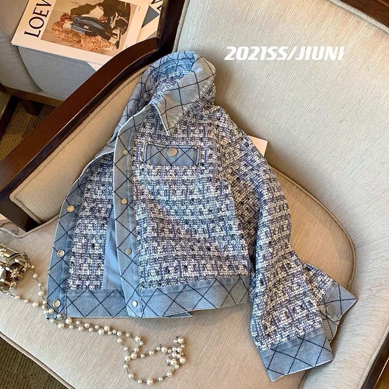 Chanel-Style Women's Jacket Autumn New Blue Tweed French Socialite Chic Short Coat Trendy