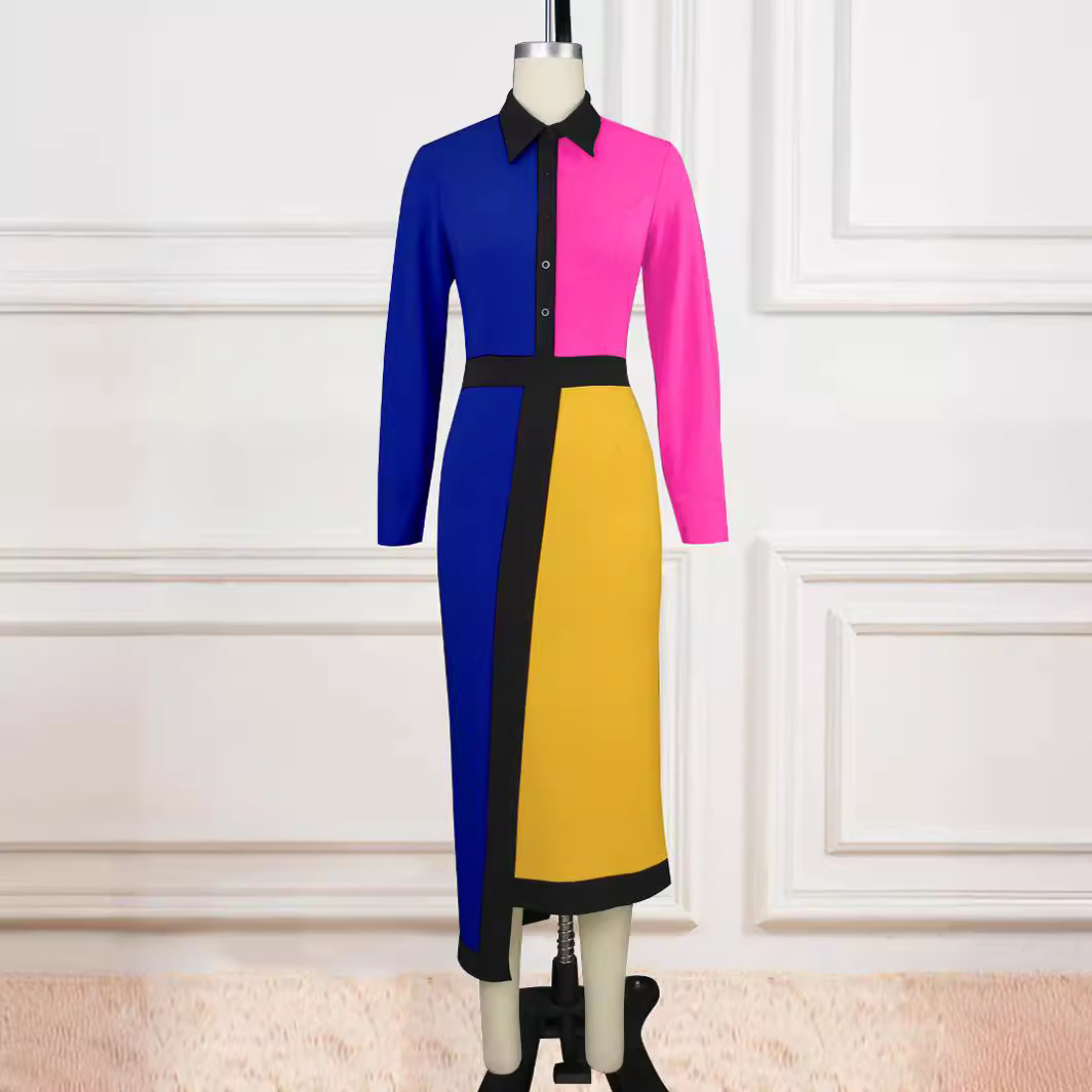 Abbigliamento da donna AM221142 vestito a maniche lunghe abbinato al colore Piccolo vestito asimmetrico con gonna a vita alta e personalità a contrasto di colore_voghion.com