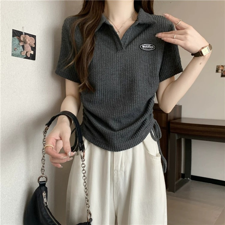 Large size American front shoulder polo neck short sleeved t-shirt for women 2024 new summer chubby mm top design_voghion.com