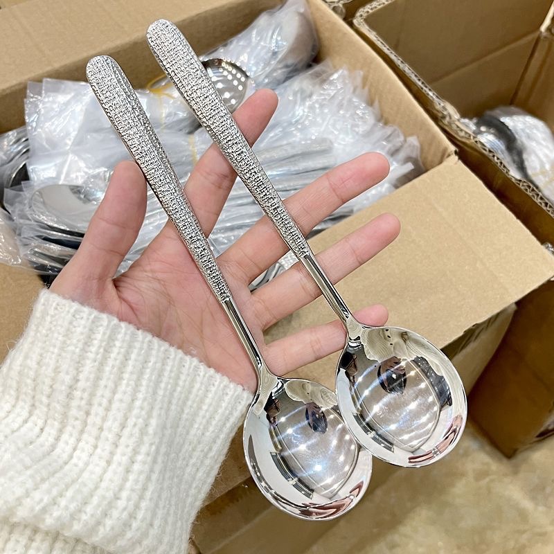 不锈钢高颜值勺子网红锤纹甜品勺家用长柄调羹汤匙吃饭勺