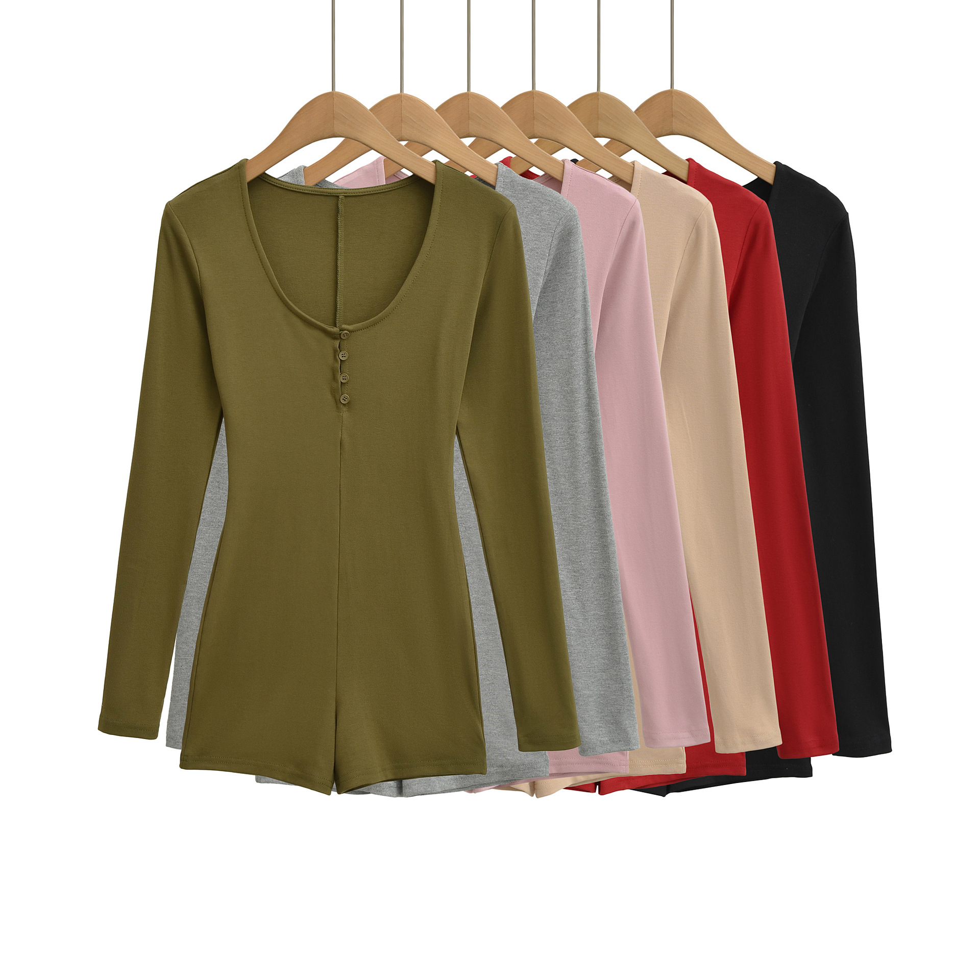 Hot Girl U-Neck Button Long-Sleeved Jumpsuit Shorts for Women 2025 Autum Style American Sexy Slimming Look Bottoming Top