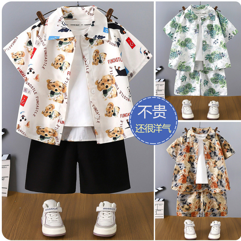 儿童衬衫套装夏季男童休闲短袖短裤港风衣服女童空调服花衬衫批发