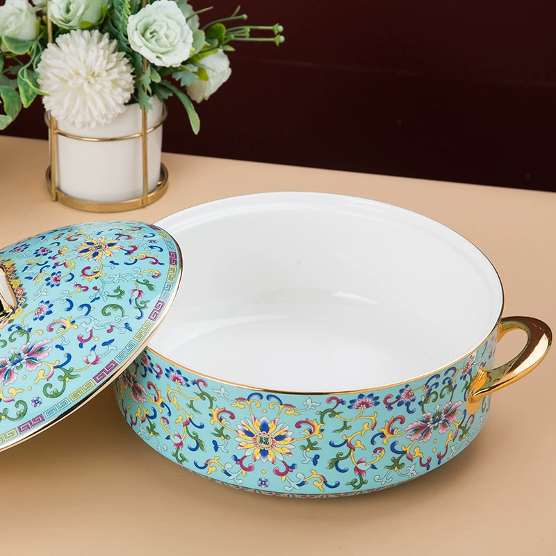 Эмалированная цветная большая миска с крышкой для супа Jingdezhen ретро переплетенный лотос Wanhua большая кастрюля для супа китайские миски с двумя ушками большая кастрюля для супа