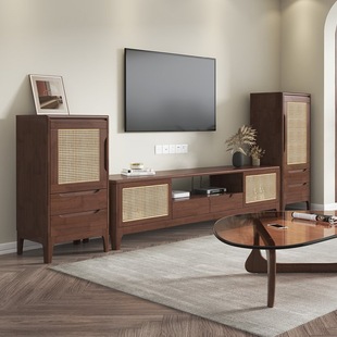 Rattan Wooden TV Cabinet Tea Table Combination Simple Modern Floor Cabinet for Japanese Living Room TV Cabinet for Small Apartment