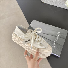 板鞋女ins潮厚底真皮舒適系帶小白鞋女網紅ulzzang踩跟休閒餅乾鞋