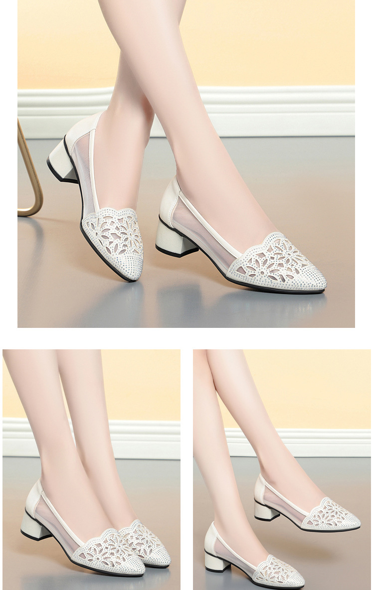 Sandal nữ da thật đế mềm lưới rỗng gót giữa dày mũi nhọn — màu be chi tiết 8