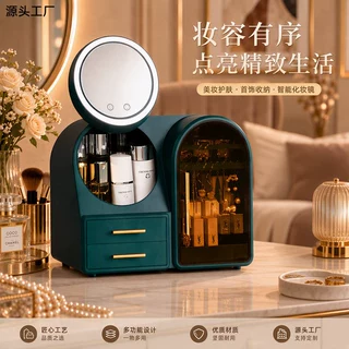 新视觉化妆品收纳盒带镜子分格大容量桌面整理置物架塑料储物箱