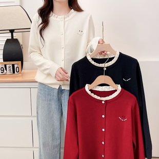 Fashion Knitted Sweater plus size Women's chubby girl Fake Two-Piece Cardigan 2024 Autumn Western Style Auricularia Lace Bead Sweater