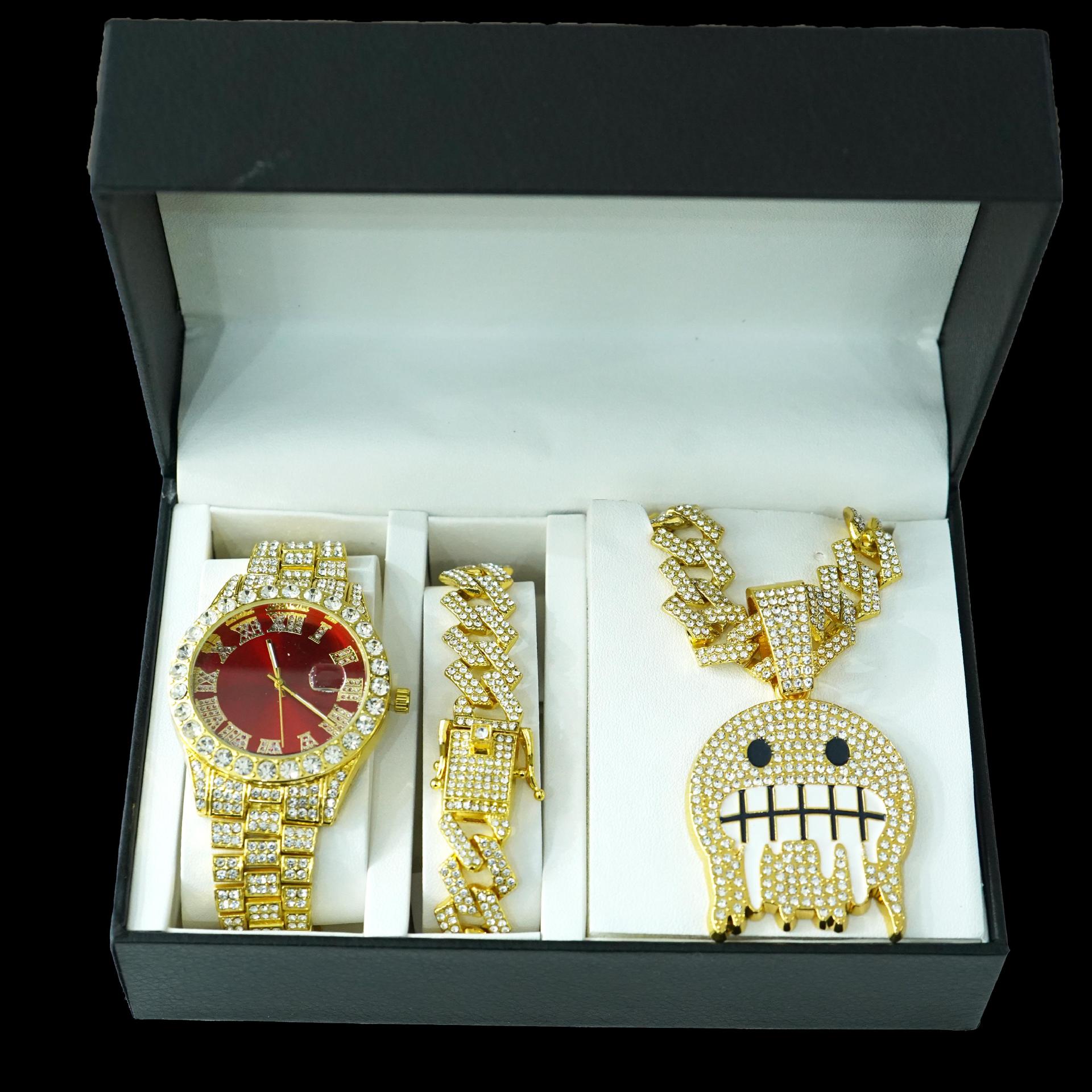 Aleación de alta calidad de moda de diamante de hielo cara colgante de collar de cadena cubana pulsera color reloj conjunto de joyas