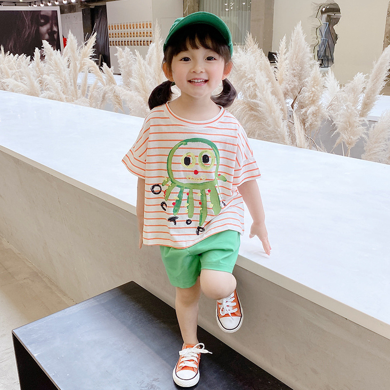 girl Summer Set 2021 new pattern Children candy Color cartoon stripe clothes children fashion Korean Edition Two piece set