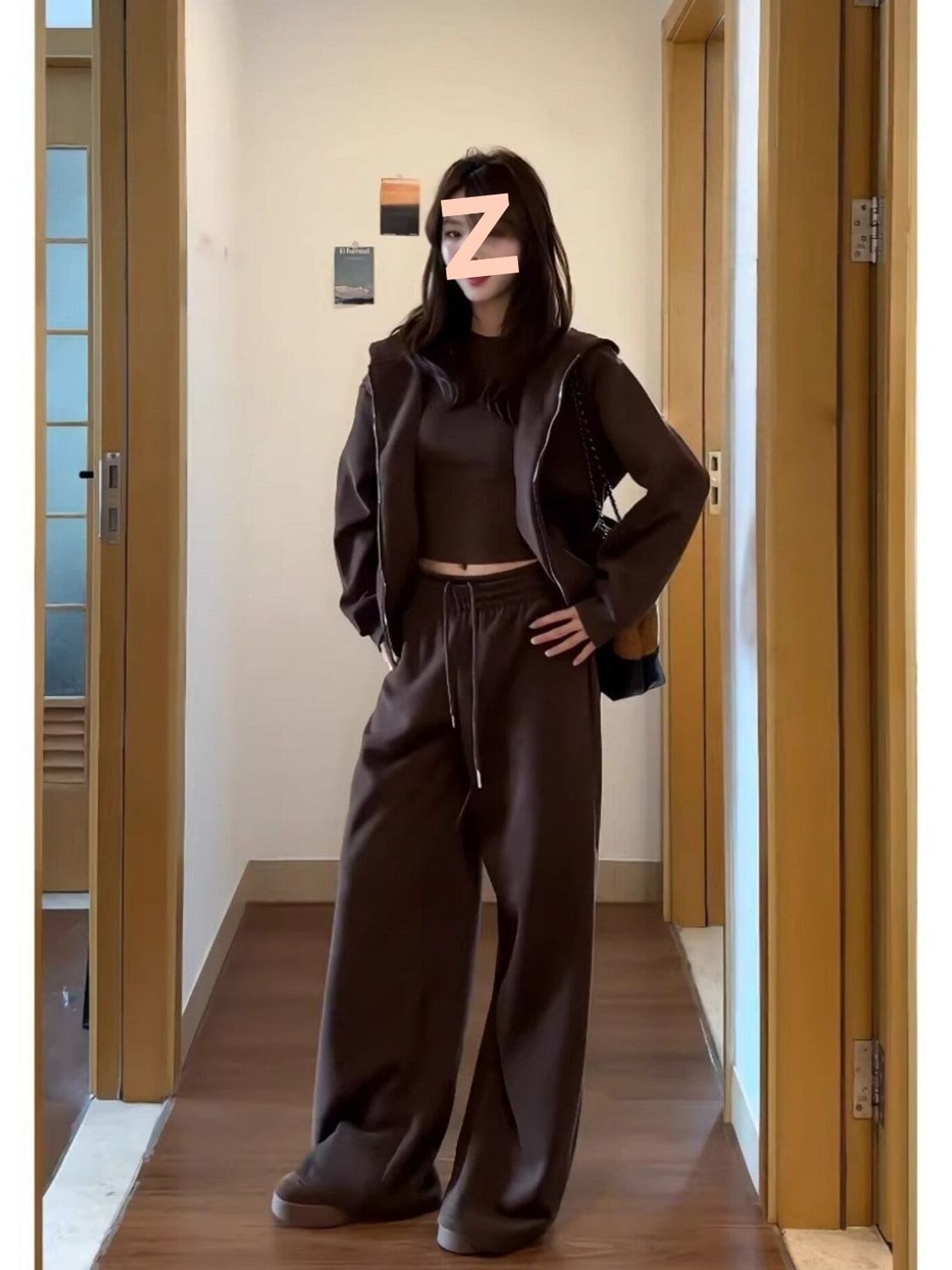咖色卫衣休闲运动套装女装韩系一整套美拉德春秋卫裤三件套潮批发