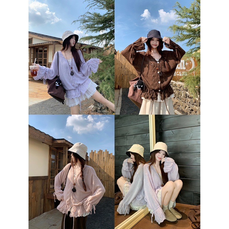 实拍~秋季新款温柔风抽绳钩花毛衣开衫+花边吊带上衣套装女88083|undefined