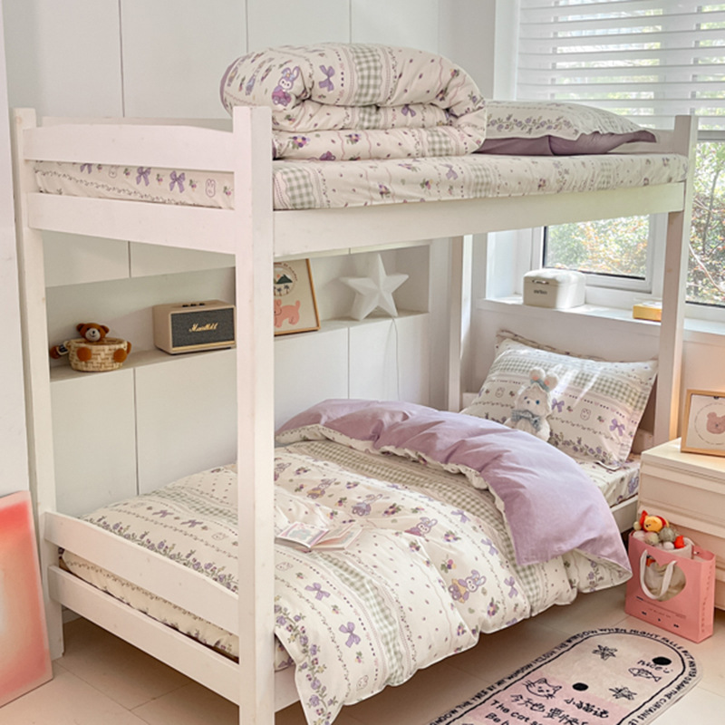 Juego de sábanas impresas de algodón de cuatro piezas Juego de tres piezas para estudiantes individual y doble, dormitorio doméstico de primavera y verano, sábanas lavables a máquina