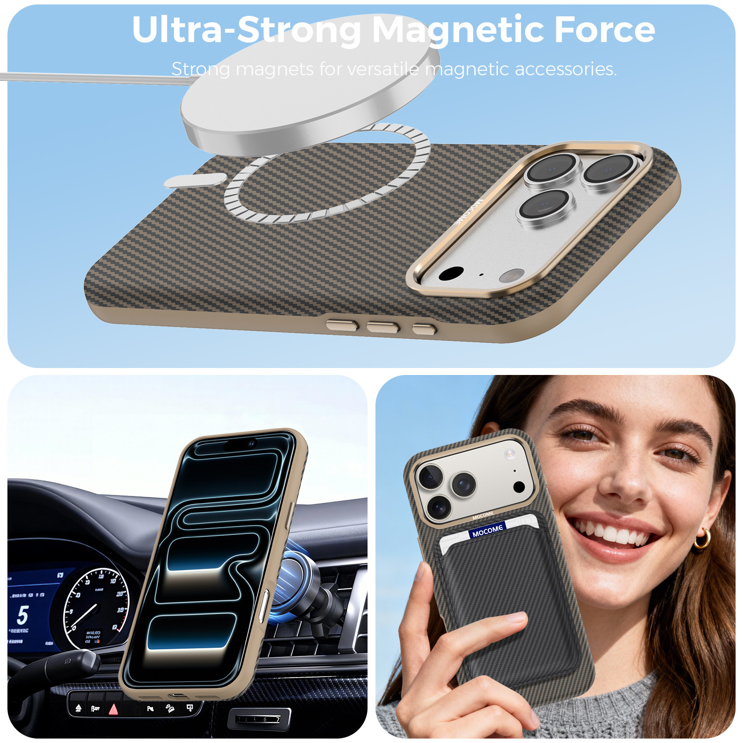 Ốp lưng iPhone chống sốc sợi Kevlar nam châm MagSafe vòng kim loại bảo vệ camera — Cam, Đen, Xám, Xanh đậm chi tiết 40
