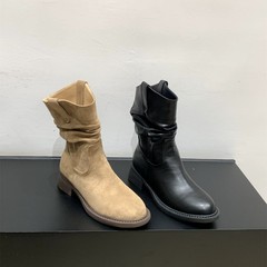 牛皮版~美拉德马丁靴女2025秋季新款厚底中筒西部磨砂革短靴