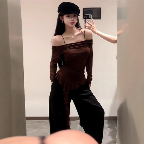 Pure desire style streamer one-length off-shoulder suspender T-shirt for women in autumn new fashionable slim fit versatile short top