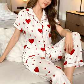 源头工厂跨境两件夏季睡衣女云朵棉开衫短袖长裤日系可爱甜美家居