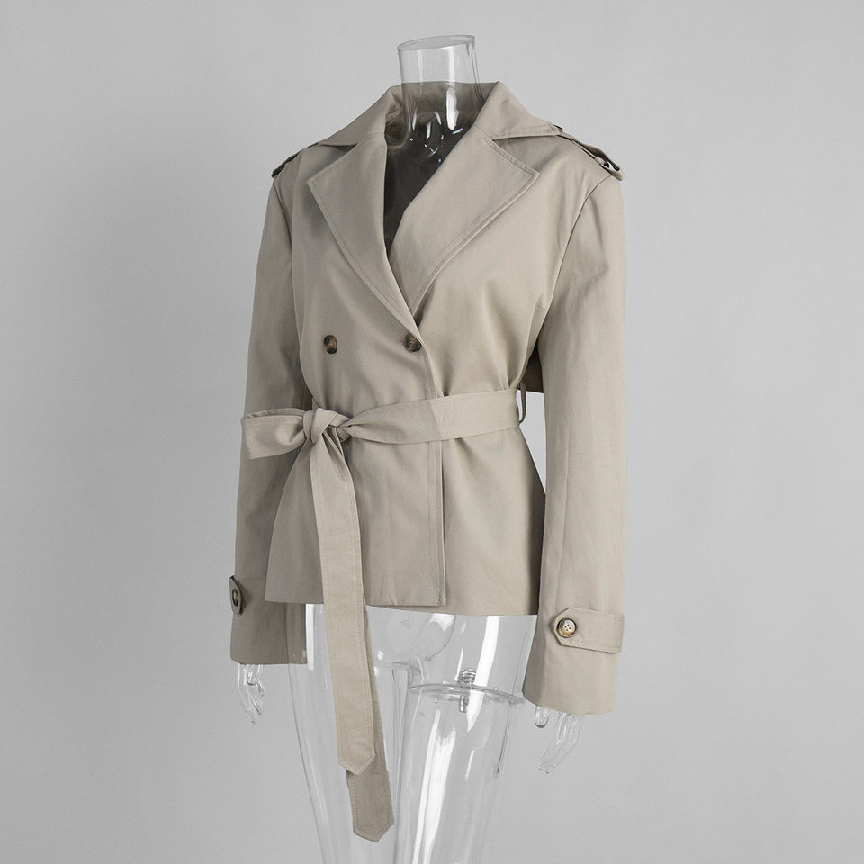 Áo khoác trench coat nữ dáng dài cổ ve, thắt eo phối đai, tay dài — Kaki chi tiết 4