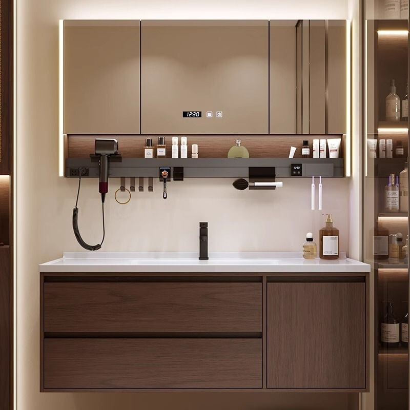Mid-century style walnut-colored smart bathroom cabinet with integrated ceramic basin, washstand, and bathroom cabinet