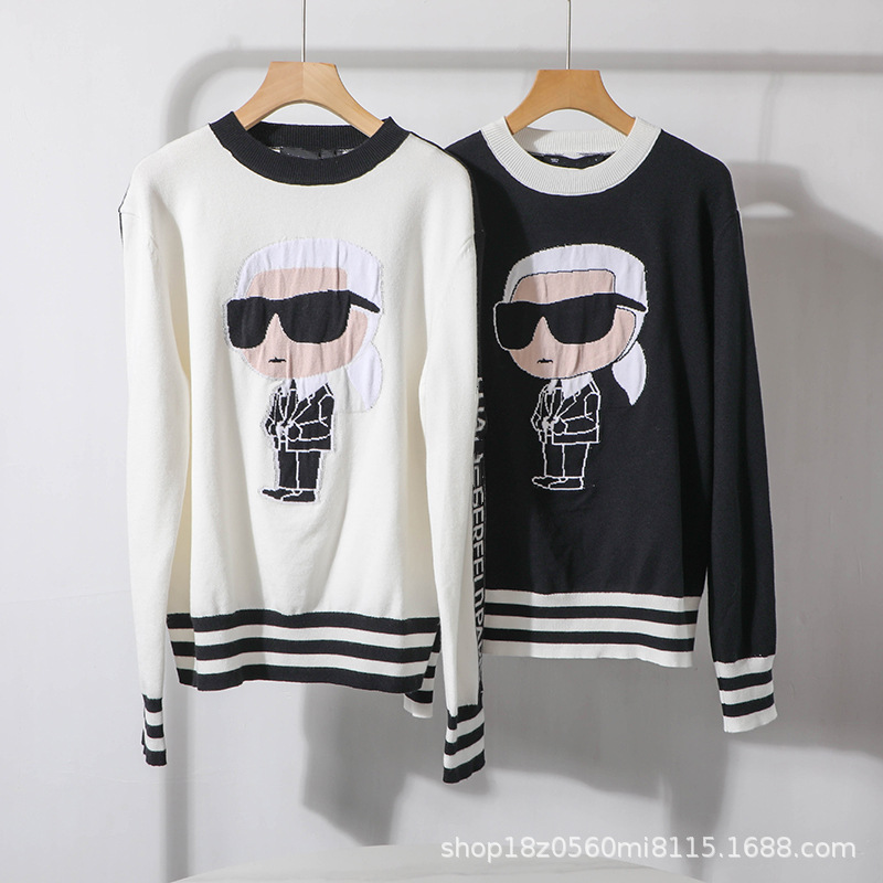 American K'Er~Women's Yarn-Dyed Cartoon People Contrasting Round Neck Loose Casual Long-Sleeved Knitwear 2172