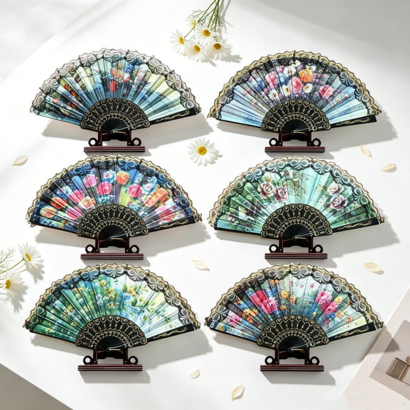 Abanico Plegable de Encaje de Seda y Madera de Loto Decorativo para Danza y Bodas image 3