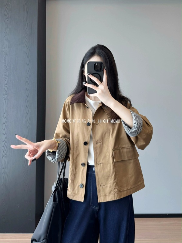 小禾+轻奢质感！灯芯绒翻领高支棉格纹内里长袖风衣外套女早秋|undefined